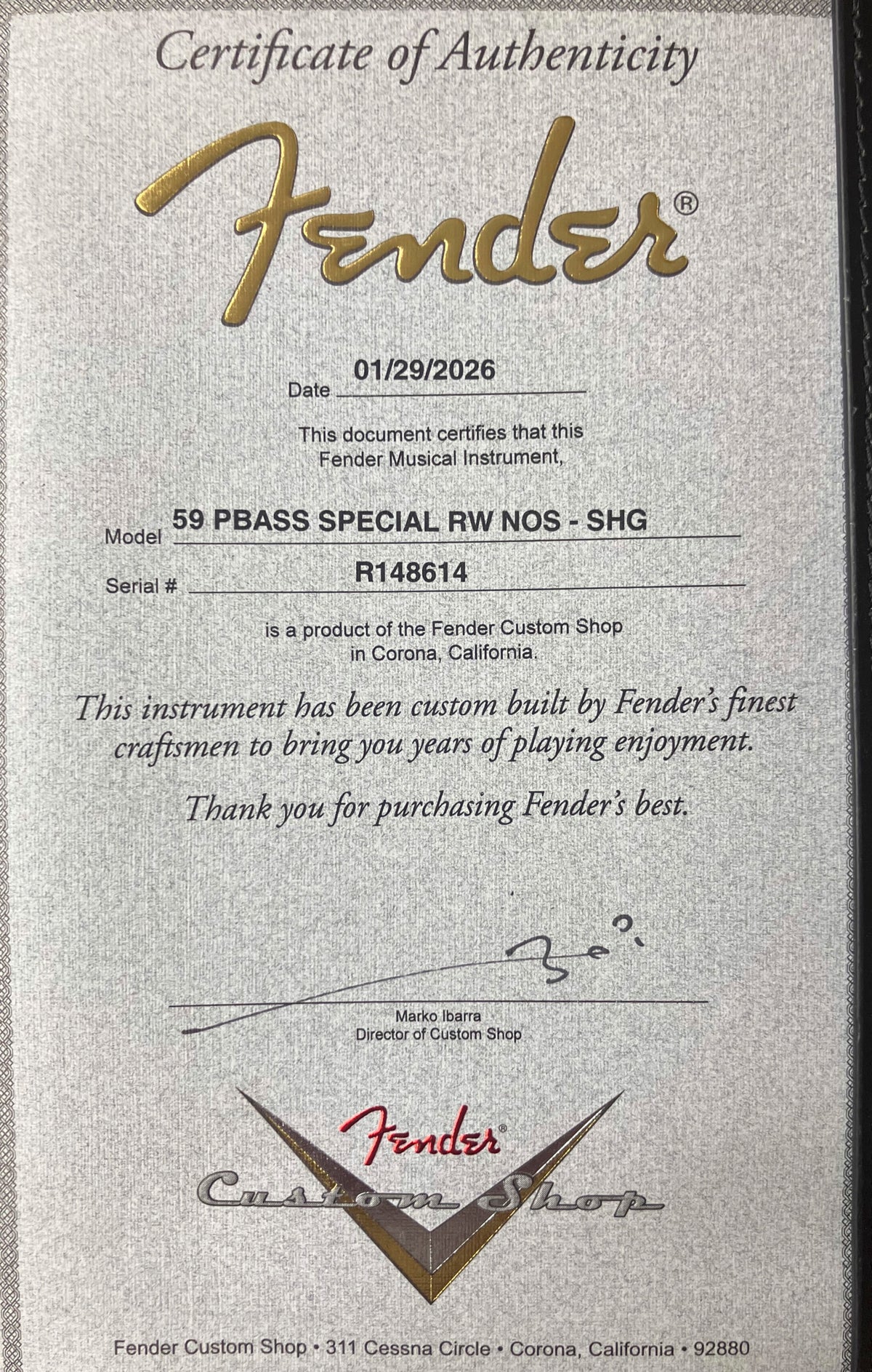 Fender Custom Shop 59 P Bass Special - New Old Stock - Shoreline Gold - 9.6 lbs - Serial # R148614