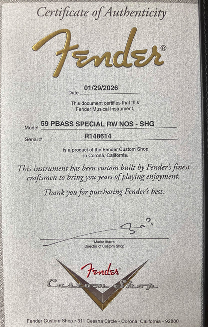 Fender Custom Shop 59 P Bass Special - New Old Stock - Shoreline Gold - 9.6 lbs - Serial # R148614