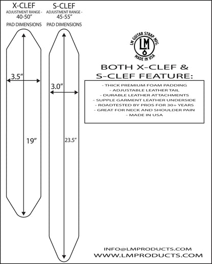 LM Products X-Clef Bass Guitar Strap 3 1/2" wide - Split Clef - Brown on Burgundy and light Brown - Highest Quality Leather