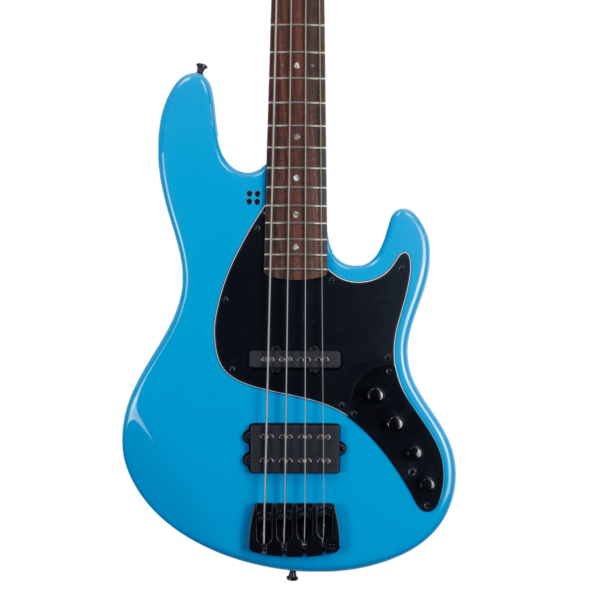 Sandberg California II / TM / Blacklabel PUs / 4-String 34" / Highgloss Marley Blue / Alder Body / Pau Ferro FB / Varied Dot Inlays / Black Head Stock / Black Hardware / Active 2-EQ / Split Switch / Black Pickguard - 8.4 pounds SN 50009