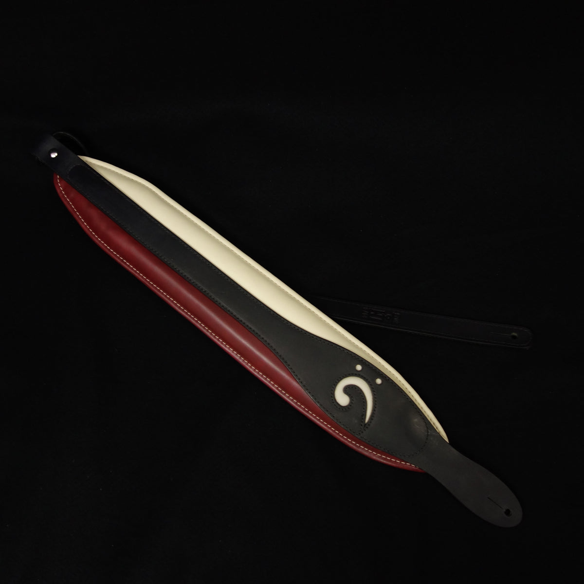LM Products X-Clef Bass Guitar Strap 3 1/2" wide - Split Clef Clef - Black on Burgundy and Cream - Highest Quality Leather