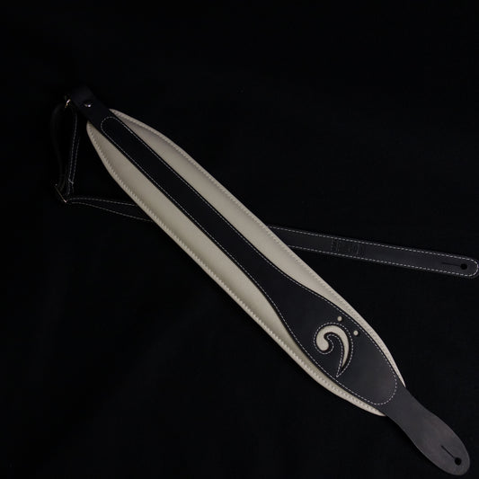 LM Products X-Clef Bass Guitar Strap 3 1/2" wide - Inlayed Bass Clef - Black on Aged White - Highest Quality Leather