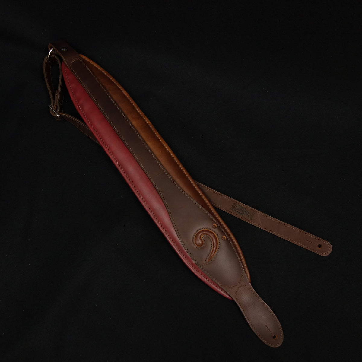 LM Products X-Clef Bass Guitar Strap 3 1/2" wide - Split Clef - Brown on Burgundy and light Brown - Highest Quality Leather