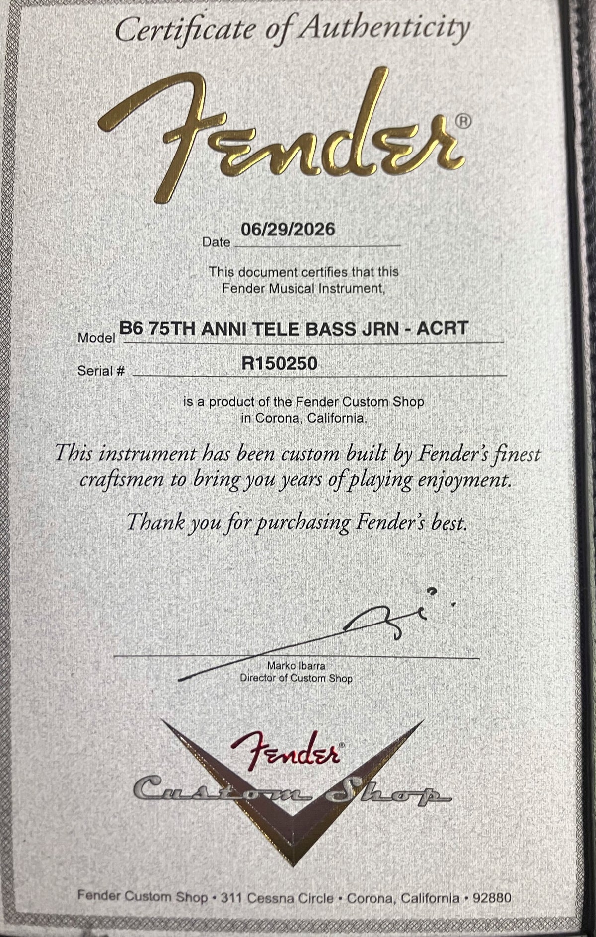 Fender Custom Shop LIMITED EDITION - 75TH ANNIVERSARY TELECASTER® BASS - NOS - Aged Crimson Red Transparent -  9.4 pounds - R150250