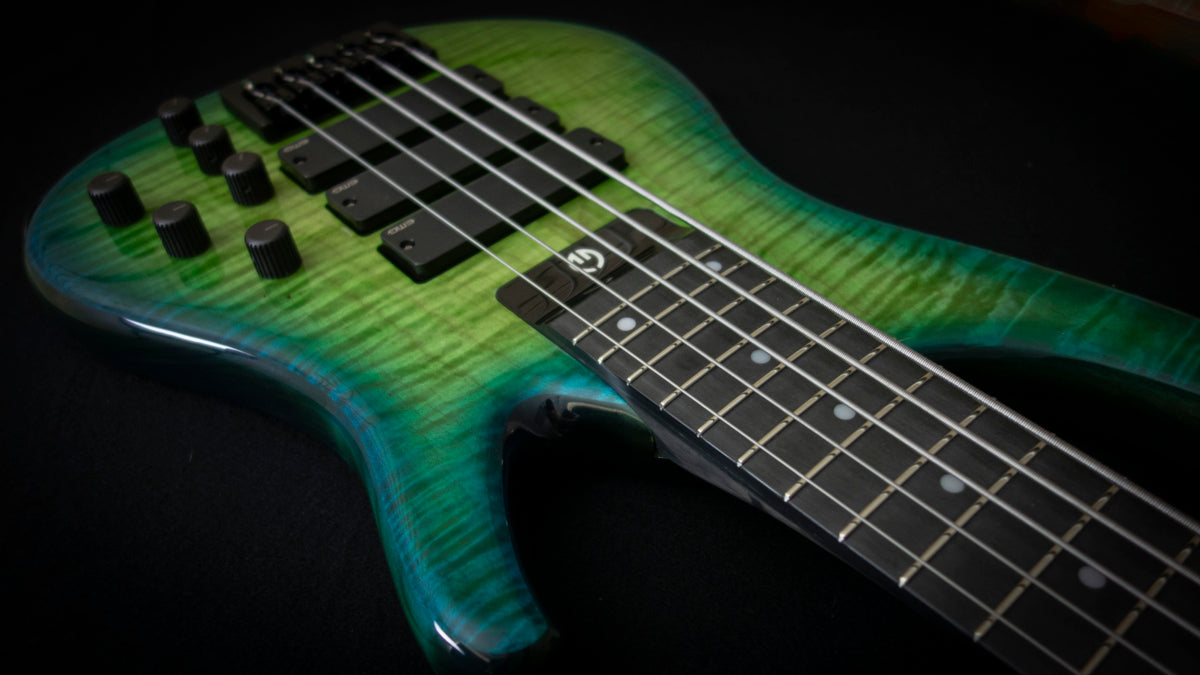 G.Gould E3 Studio 5 string bass - Premium Figured Maple top - Gorgeous Blue-Green burst finish - Graphite Composite Neck - New 3 pick-up w/ emg mixer - 9.35 pounds - #1548