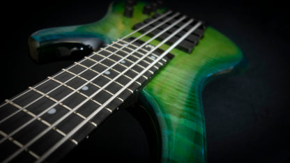 G.Gould E3 Studio 5 string bass - Premium Figured Maple top - Gorgeous Blue-Green burst finish - Graphite Composite Neck - New 3 pick-up w/ emg mixer - 9.35 pounds - #1548