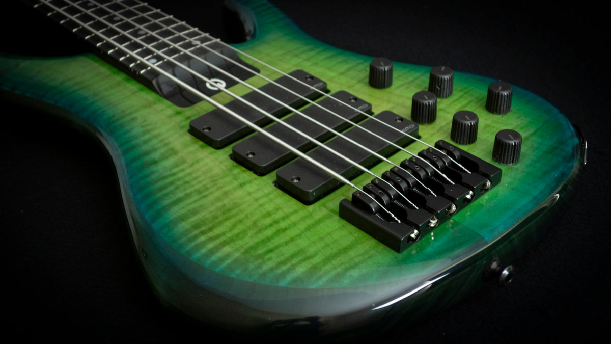 G.Gould E3 Studio 5 string bass - Premium Figured Maple top - Gorgeous Blue-Green burst finish - Graphite Composite Neck - New 3 pick-up w/ emg mixer - 9.35 pounds - #1548