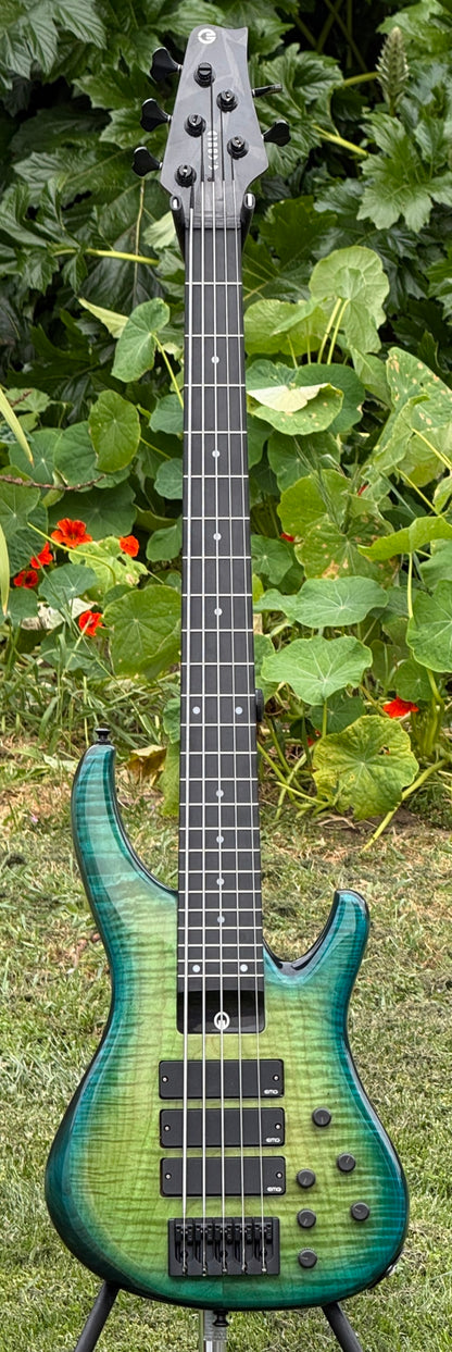 G.Gould E3 Studio 5 string bass - Premium Figured Maple top - Gorgeous Blue-Green burst finish - Graphite Composite Neck - New 3 pick-up w/ emg mixer - 9.35 pounds - #1548