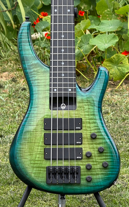G.Gould E3 Studio 5 string bass - Premium Figured Maple top - Gorgeous Blue-Green burst finish - Graphite Composite Neck - New 3 pick-up w/ emg mixer - 9.35 pounds - #1548