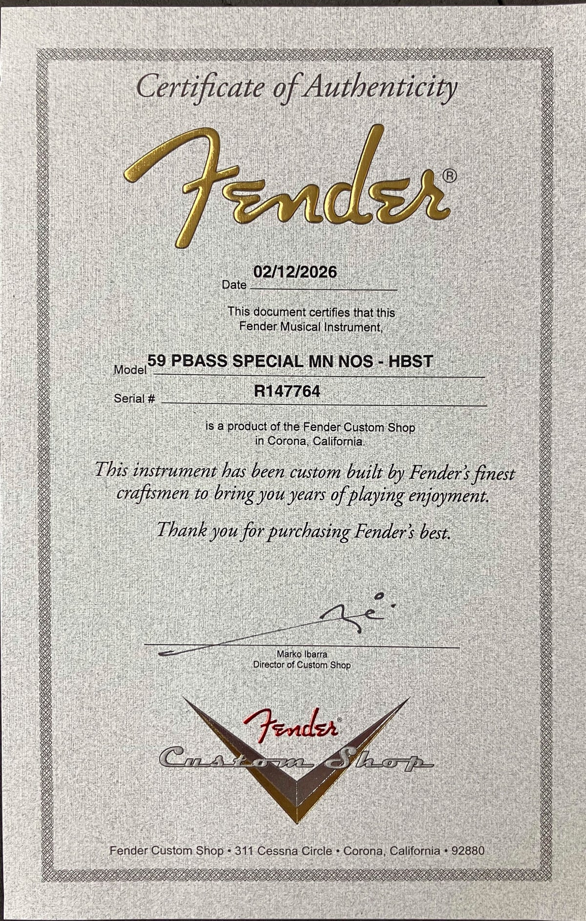 Fender Custom Shop 59 P Bass Special - New Old Stock - Honey Burst - 8.8 lbs - Serial #R147764