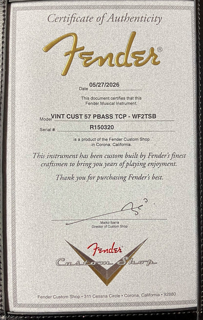 Fender Custom Shop Vintage Custom '57 P Bass® Time Capsule Package, Maple Neck, Wide-Fade 2-Color Sunburst - 8.5 Pounds - Serial R150320
